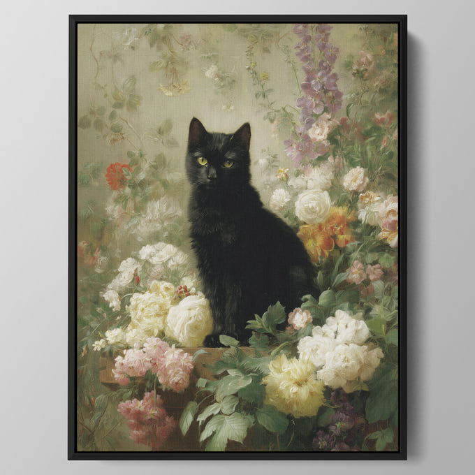 Black Cat in Flower Garden Wall Art
